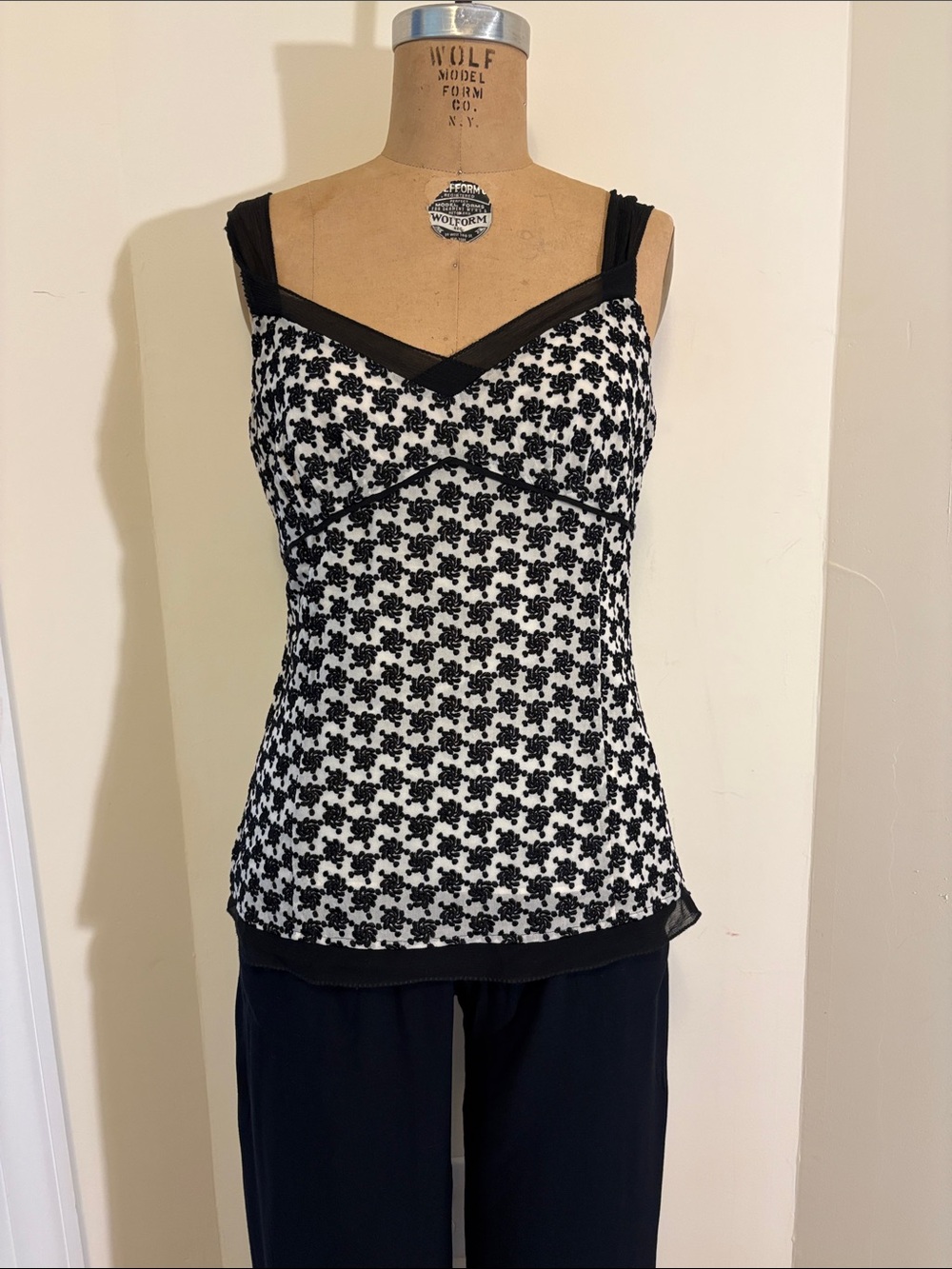 Ann Taylor Black and White Floral-Overlay Silk Top
